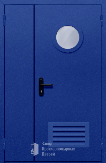 Фото двери «Полуторная с круглым стеклом и решеткой (синяя)» в Мытищам