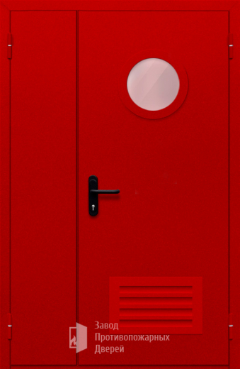 Фото двери «Полуторная с круглым стеклом и решеткой (красная)» в Мытищам