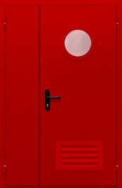 Фото двери «Полуторная с круглым стеклом и решеткой (красная)» в Мытищам